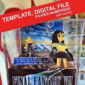 May include: A digital file template for a 3D papercraft model of Cloud and Tifa from Final Fantasy VII. The template includes a quote from the game: "Du moment que je suis avec toi... Du moment que tu es à mes côtés. Je ne renoncerai pas, même si j'ai peur."