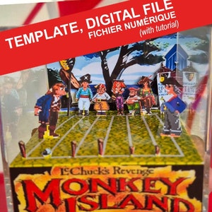 Puede incluir: Una plantilla de archivo digital para un modelo de papercraft 3D del videojuego "The Secret of Monkey Island: LeChuck's Revenge". El modelo presenta los personajes principales del juego, incluyendo a Guybrush Threepwood, Elaine Marley y LeChuck. La plantilla incluye un tutorial.