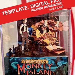 May include: A digital file template featuring a scene from "The Curse of Monkey Island" with cartoon pirates. The image includes the text "TEMPLATE, DIGITAL FILE" and "THE CURSE OF MONKEY ISLAND" in a red and blue color scheme.