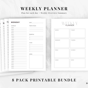 May include: A printable weekly planner bundle with 8 pages. The planner includes a daily schedule, to-do list, and notes section. The bundle also includes a weekly overview page with space for each day of the week.