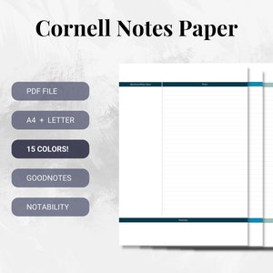Cornell Notes para impressão Método de estudo Modelo de papel Digital Cornell Lecture Study Página 15 Modelos de cores Carta A4