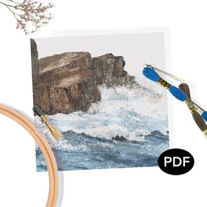 Kruissteekpatroon PDF - beukende golven - zeekliffen - originele kunst - afdrukbaar - direct downloaden - compatibel met patroonhouder