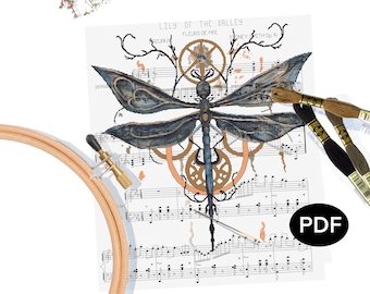 Steampunk Dragonfly Cross Stitch Pattern: Lily of the Valley Musical Art (PDF Download)