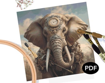 Steampunk Elephant Cross Stitch Pattern: Futuristic Fantasy (PDF Download)