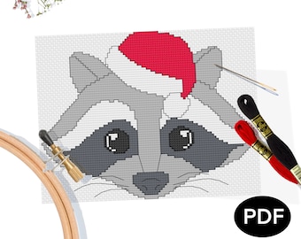 Cross Stitch Pattern PDF - Christmas Raccoon - Perfect Holiday home decoration or gift - Winter Fun - Printable - Instant Download