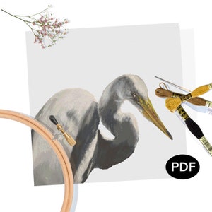 Schema punto croce PDF - Airone bianco che pesca al lago - Arte originale - Stampabile - Download immediato - Compatibile con Pattern Keeper