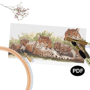 Cross Stitch Pattern PDF - Cheetah Family of 2 Adults and 6 cubs - Original Art - Printable - Instant Download - Pattern Keeper Compatible