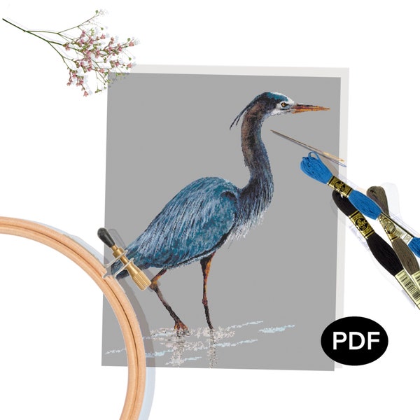Cross Stitch Pattern PDF - Great Blue Heron - Original Art - Printable - Instant Download - Pattern Keeper Compatible