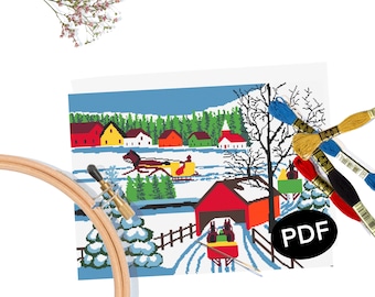 Maud Lewis Cross Stitch Pattern: Covered Bridge, Sleighs (PDF)