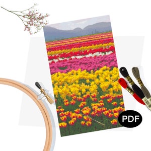Patrón de punto de cruz PDF - Campo de tulipanes vibrante - Arte original - Imprimible - Descarga instantánea - Compatible con Pattern Keeper