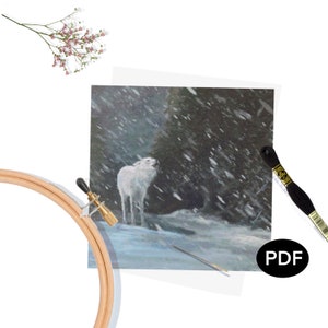 May include: A white wolf howls in a snowy forest. The wolf is standing in the snow, with a dark forest behind it. The snow is falling heavily, and the wolf's fur is white and fluffy.