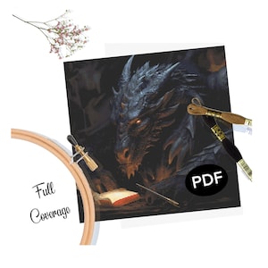 May include: A black and grey dragon with red eyes is reading a book. The dragon is sitting in a dark room with a fire in the background. The image is a PDF pattern for cross stitch.