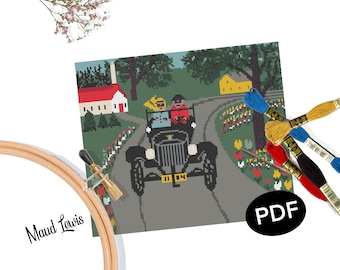 Maud Lewis Car Ride Through Town Cross Stitch Pattern: Nova Scotia Spring Flowers (PDF)