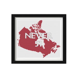 May include: A framed cross-stitch featuring a red map of Canada with the words "NEVER 51" in white. The artwork is set against a white background and framed in a black frame. The design is a political statement.