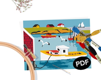 Maud Lewis Harbour Scene Cross Stitch Pattern: Nova Scotia Sailboat (PDF Pattern)