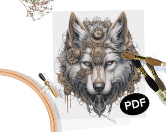 Steampunk Wolf Cross Stitch Pattern: Printable Animal Design (PDF)