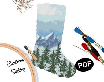 Christmas Stocking Cross Stitch Pattern: Blue Winter Mountains (PDF Pattern)