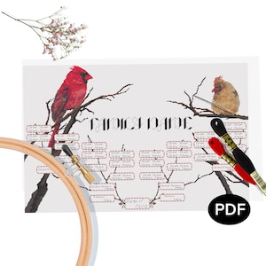 Cross Stitch Pattern PDF - Red Cardinal Couple with 5 Generations Family Tree - Printable - Instant Download - Pattern Keeper Compatible