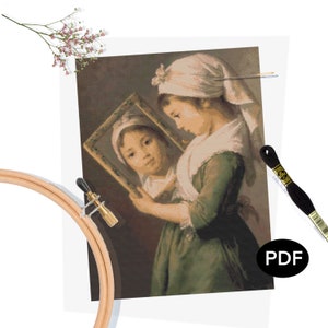 May include: A cross-stitch pattern depicting a young girl holding a mirror, wearing a white cap and a green dress. The pattern is printed on a white background with the word "PDF" in the bottom right corner.