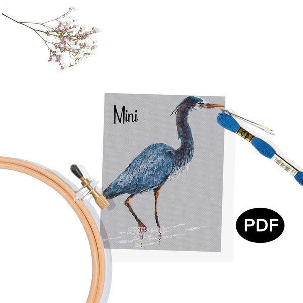 Cross Stitch Pattern PDF - Great Blue Heron (Mini Version) - Original Art - Printable - Instant Download - Pattern Keeper Compatible