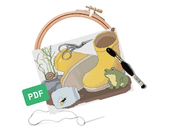 Rain boots garden cross stitching for Spring - pattern charts and pattern keeper file download