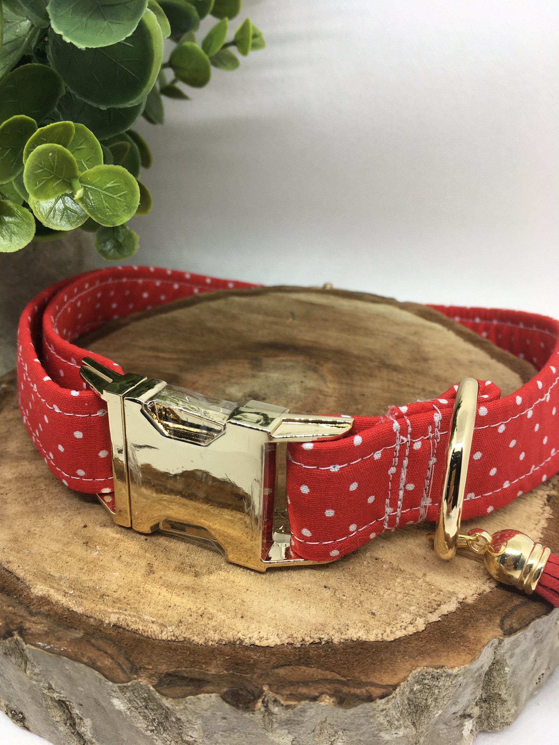 Collier Pour Chien Fait Main Tissus Imprimé Rouge à Pois