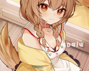 May include: A brown-haired anime character with dog ears and a tail, wearing a yellow jacket over a white dress with a red collar and a black choker. The character has red eyes and is smiling.