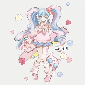 Può includere: Illustrazione di un personaggio con capelli blu a trecce, che indossa un completo rosa con una gonna blu. Il personaggio fa l'occhiolino e tiene in mano un peluche rosa. L'immagine include il testo "Xoaiu".