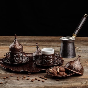 Handmade Turkish Coffee Set: Copper Pot, Cups, Saucers, Sugar Bowl (12 Pcs)
