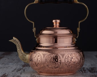 Engraved Solid Copper Tea pot Kettle Stovetop Teapot, Engaved Copper Teapot, 1.6 Quarts