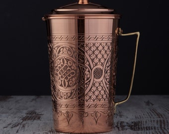Engraved Solid Unlined Copper Water Moscow Mule Pitcher Jug Vessel with Lid, 70 fl Oz.
