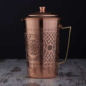 Engraved Solid Unlined Copper Water Moscow Mule Pitcher Jug Vessel with Lid, 70 fl Oz. image 1