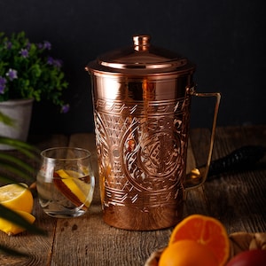 Engraved Solid Unlined Copper Water Moscow Mule Pitcher Jug Vessel with Lid, 70 fl Oz. image 2