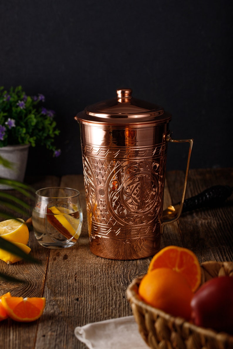 Engraved Solid Unlined Copper Water Moscow Mule Pitcher Jug Vessel with Lid, 70 fl Oz. image 2