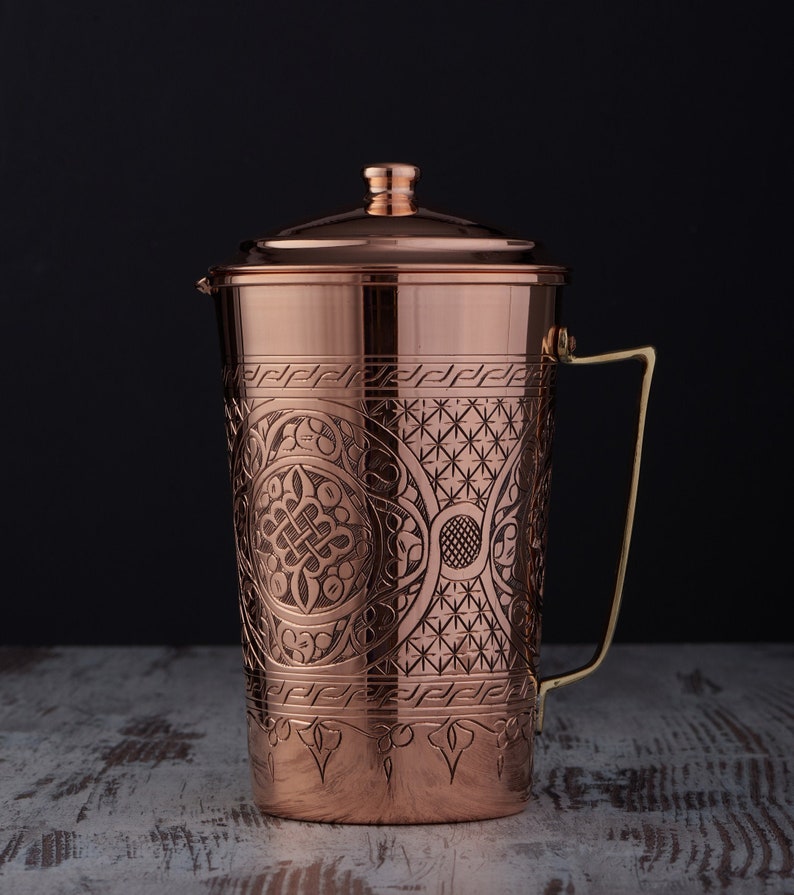 Engraved Solid Unlined Copper Water Moscow Mule Pitcher Jug Vessel with Lid, 70 fl Oz. image 1