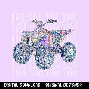 以下が含まれることがあります： 4 輪のキラキラと虹色の ATV のデジタルイラスト。ATV は、車両のテクスチャに焦点を当てて、詳細でリアルなスタイルで描かれています。