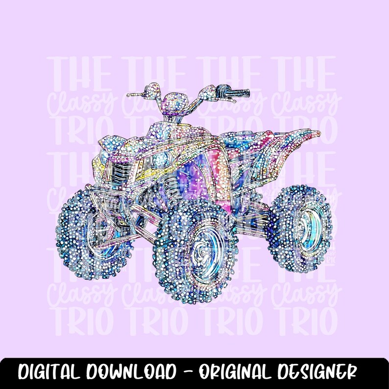 以下が含まれることがあります： 4 輪のキラキラと虹色の ATV のデジタルイラスト。ATV は、車両のテクスチャに焦点を当てて、詳細でリアルなスタイルで描かれています。