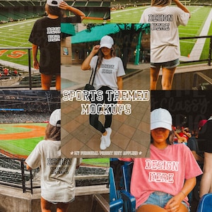 May include: A collage of images featuring t-shirts with the text "DESIGN HERE" and "DESI HER". The images are themed around sports, with stadium backgrounds. The text "SPORTS THEMED MOCKUPS" is also visible.