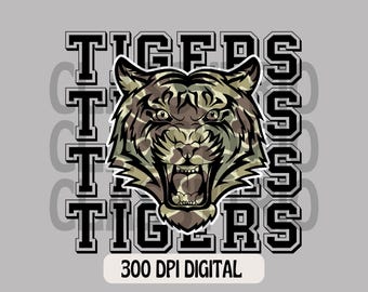 Camo Tiger Mascot PNG | Sublimation Design (Digital File)