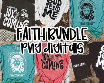 May include: A digital bundle of six faith-based graphic designs for t-shirts. The designs feature phrases like "Joy is Coming", "God Send Me", and "Here I Am".