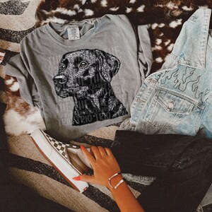 May include: A gray long-sleeve t-shirt featuring a black Labrador Retriever design with the words "The Classy Trio" in a glittery font. The image also includes a denim jacket with flame embroidery, black pants, and checkered sneakers.