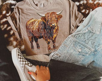 Puede incluir: Una camiseta marrón con un gráfico de vaca Highland marrón y blanca. La vaca está de pie sobre un fondo beige. La camiseta tiene un aspecto desgastado.