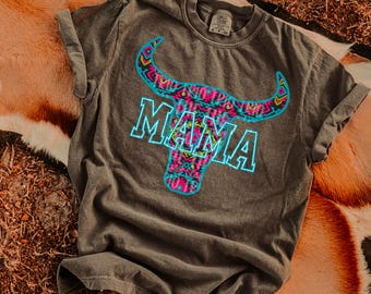 Aztec Bull Head Mama PNG | Retro Western Shirt Design (Digital File)