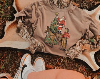 Vintage Santa and Cowboy | Digital Design | PNG | Sublimation | Christmas Tree | Horse | Shirt Design | Christmas | Distressed