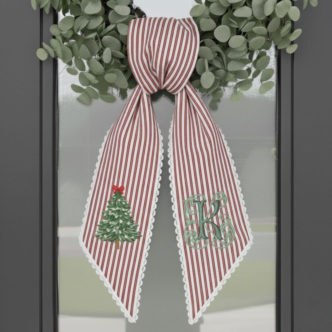 Red Ticking Stripe Front Door Sash, Embroidered Holiday Decor, Personalized Christmas Tree Wreath Sash - Etsy