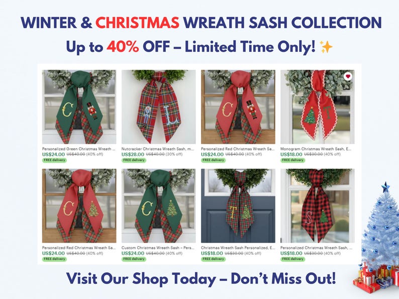 Op de afbeelding: Collectie kerstkranssjerpen in diverse kleuren en designs, waaronder groene, rode en geruite patronen. Sommige sjerpen hebben geborduurde letters, kerstbomen en notenkrakerfiguren. De tekst luidt "Winter & Christmas Wreath Sash Collection".