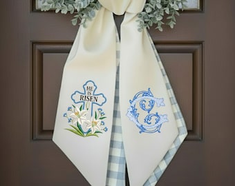 Custom He Is Risen With Cross Flowers Embroidered Wreath Sash, Personalised Monogram Initials Easter Home Decor