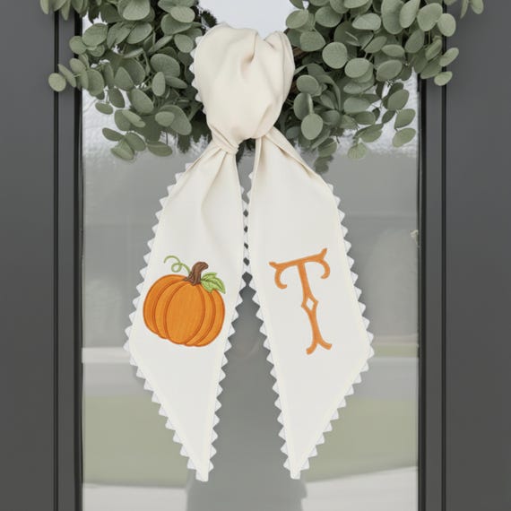 Thanksgiving Wreath Sash, Monogram Wreath Sash, Preppy Fall Wreath Sash for Front Door, Polka Dot Pumpkin Door Bow, Halloween Wreath Tie
