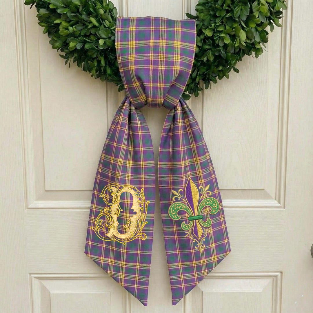 Personalized Mardi Gras Purple Plaid Wreath Sash, Custom Wreath Sash Embroidery, Mardi Gras Embroidered Wreath Sash, Mardi Gras Wreath Sash - Design & Monogram