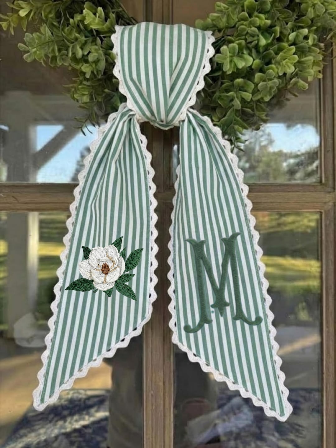 Embroidered Sash Magnolia & Initial, Embroider Sash for Summer Wreath, Spring Embroidery Sash